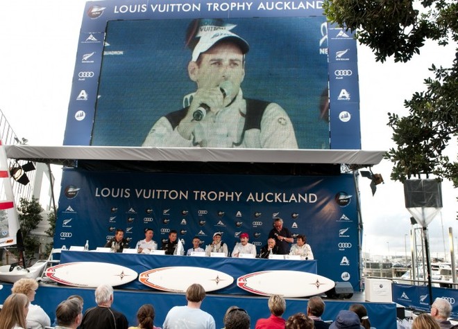 Francesco Bruni, skipper of ITA AZZURRA, on the big screen during the press conference - Louis Vuitton Trophy Auckland © Paul Todd/Outside Images http://www.outsideimages.com